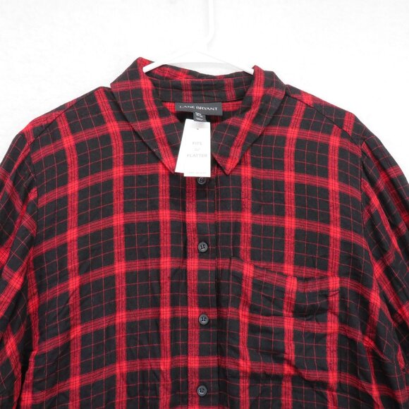 Lane Bryant Shirt Womens Size 18 Flannel Red Black Plaid Roll Tab Sleeve New - Picture 2 of 9